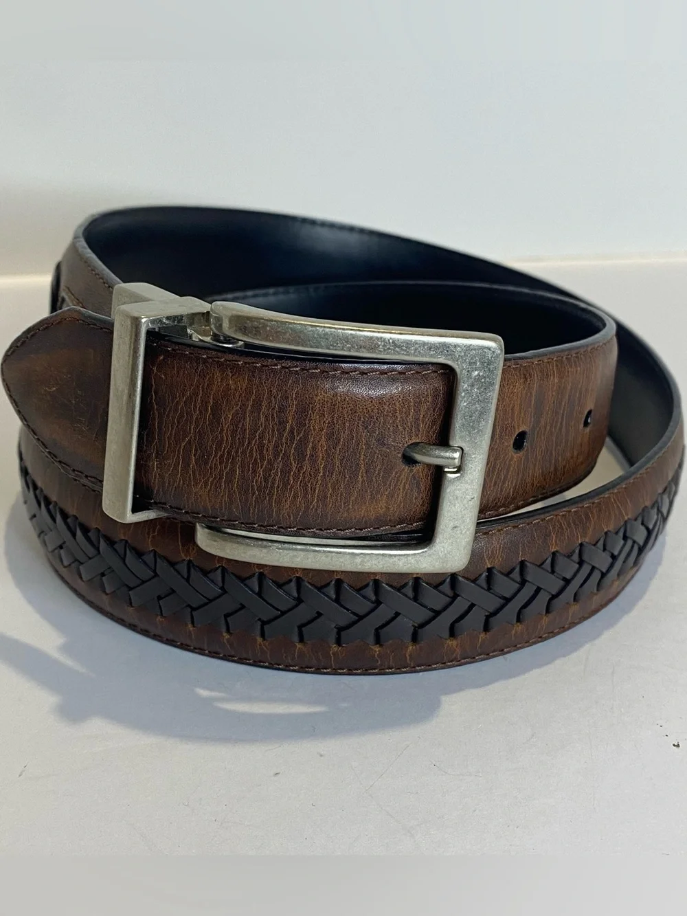 Columbia Mens Genuine Leather Belt Brown Black Braided Inlay Reversible Sz 36/90